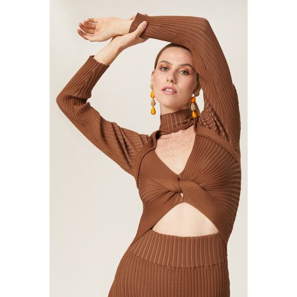 Amur Guadalupe Ribbed Knit Cutout Long Sleeve Fall Midi Dress Brown Size Medium - Picture 3 of 11